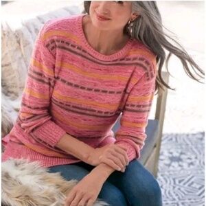 Soft Surroundings Womens Sweater Size L Striped Textured Knit Pullover Pink Blue